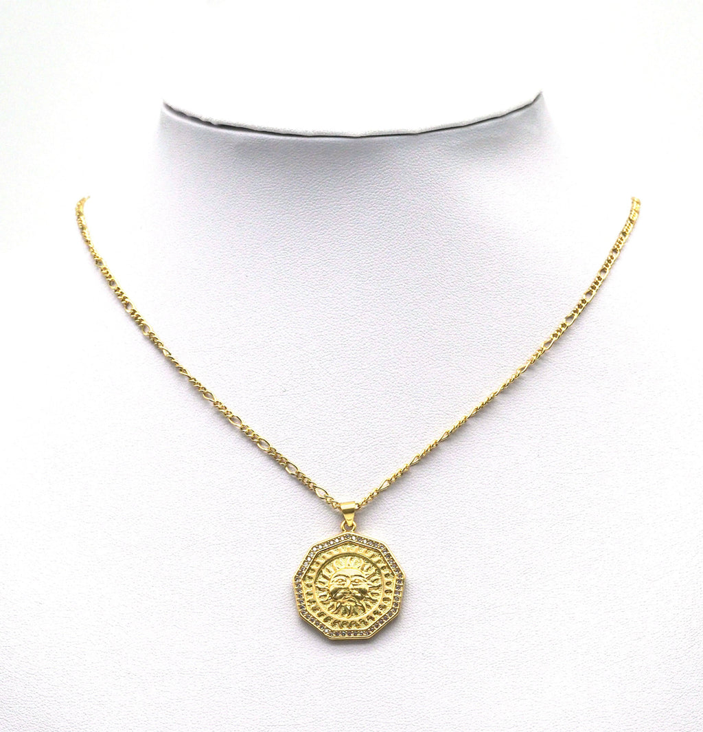 Gold CZ Embossed Sunflower On Polygon Charm, Sku#LK683