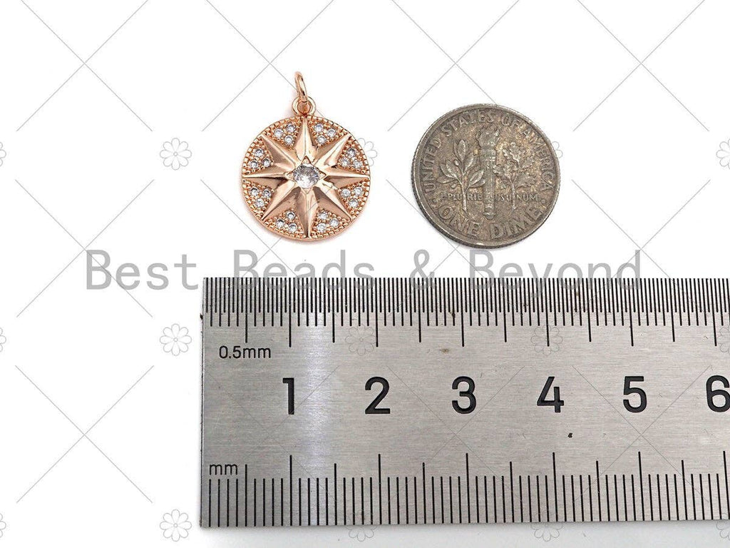 CZ Micro Pave North Star On Round Coin Pendant Charm, Bracelet Necklace CZ Star Pendant Charm, Silver/Gold /Rose Gold Tone,15x18mm,Sku#Y385