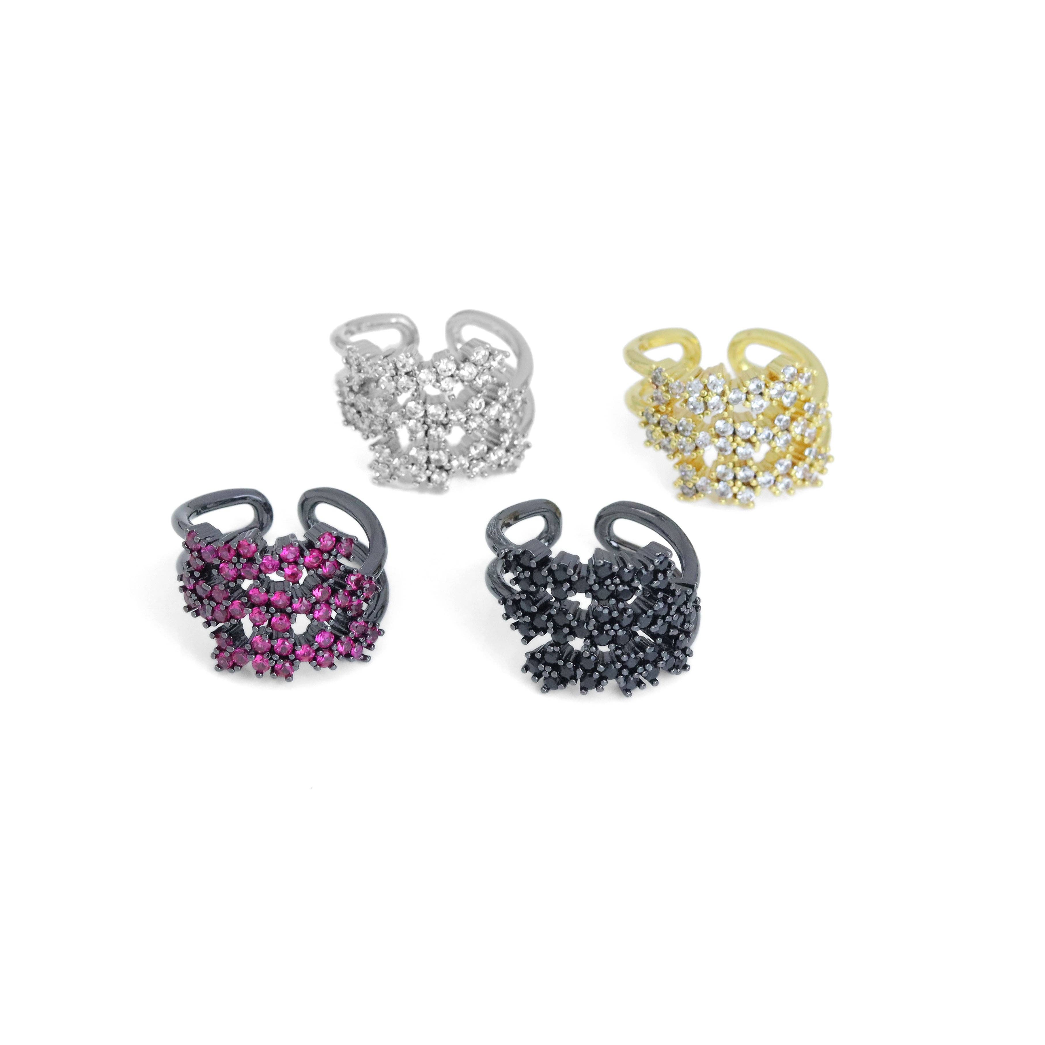Black Pink Clear CZ Multilines Flower Adjustable Ring, Sku#A284