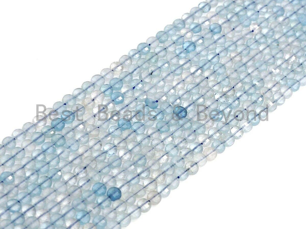 4mm High Quality Natural Aquamarine Faceted Coin Shape beads, Checkboard Cut Aquamarine, 15.5"Full Strand, sku#U791