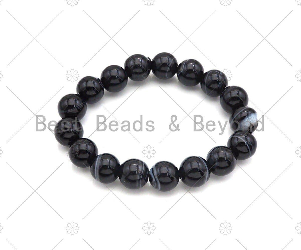 Natural Black White Banded Agate Stretchy Bracelet, Sku#EF22