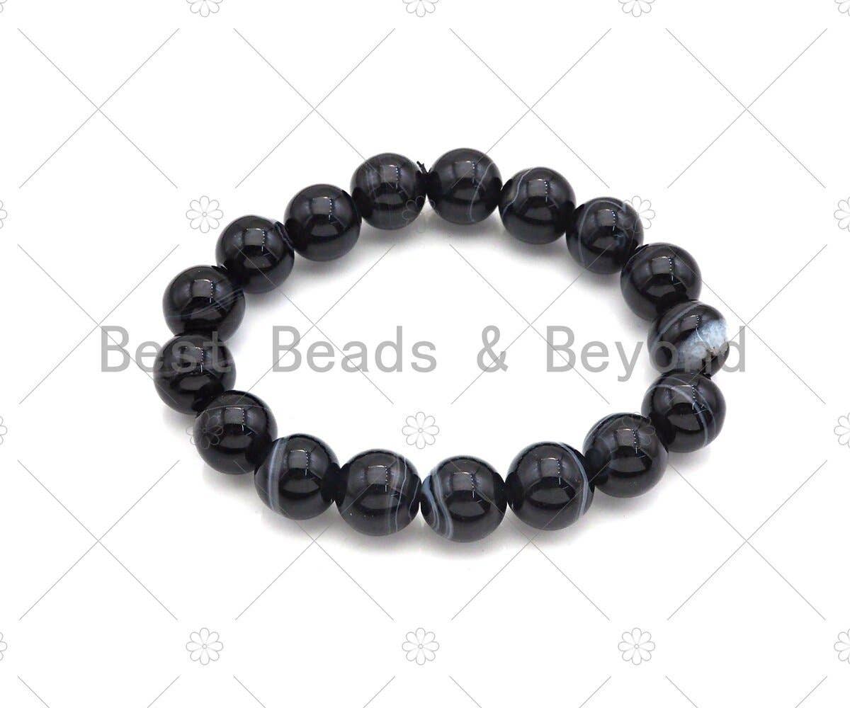Natural Black White Banded Agate Stretchy Bracelet, Sku#EF22
