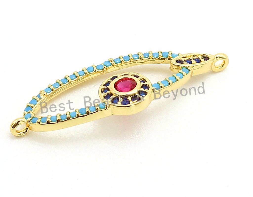 CZ Micro Pave Turquoise Hollow Evil Eye Connector for Bracelet/Necklace, Cubic Zirconia Space Connector, Jewelry Findings,10x31mm,sku#E53C