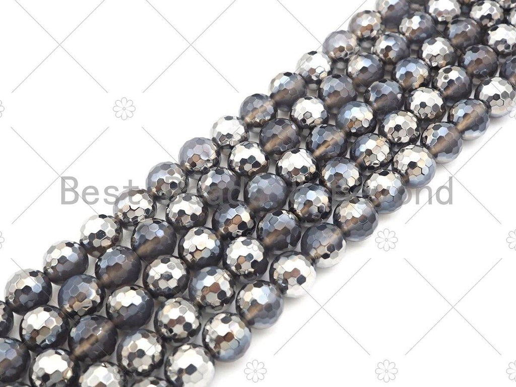 Half Silver Plated Grey Agate Beads, 10mm/12mm Round Faceted Gray Silver Beads, 15.5" Full Strand, sku#UA158