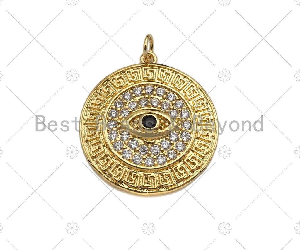 CZ Micro Pave Evil Eye On Round Coin Pendant/Charm,Cubic Zirconia Charm, Necklace Bracelet Charm Pendant, 24x26mm, Sku#Y361