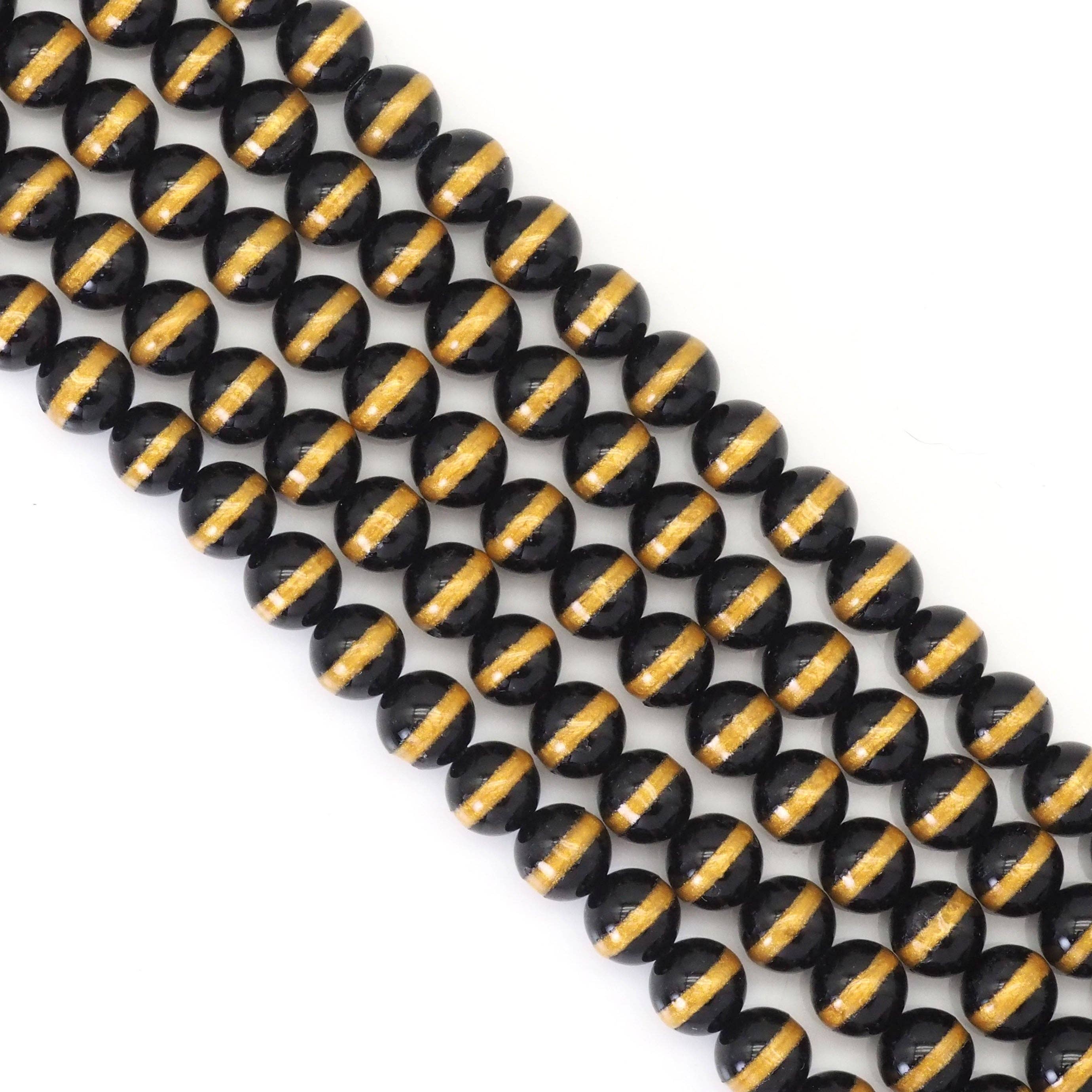 Golden Line Black Onyx Round Smooth Beads, Sku#U1722