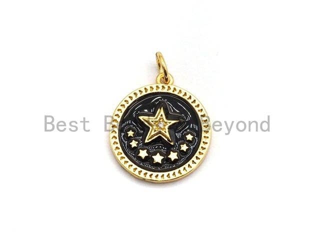 NEW DESIGN CZ Pave Enamel Star on Round Pendant, Star Enamel Charm Pendant,Enamel Round Pendant, Oil Drop jewelry Findings, 16x18mm,sku#Z251
