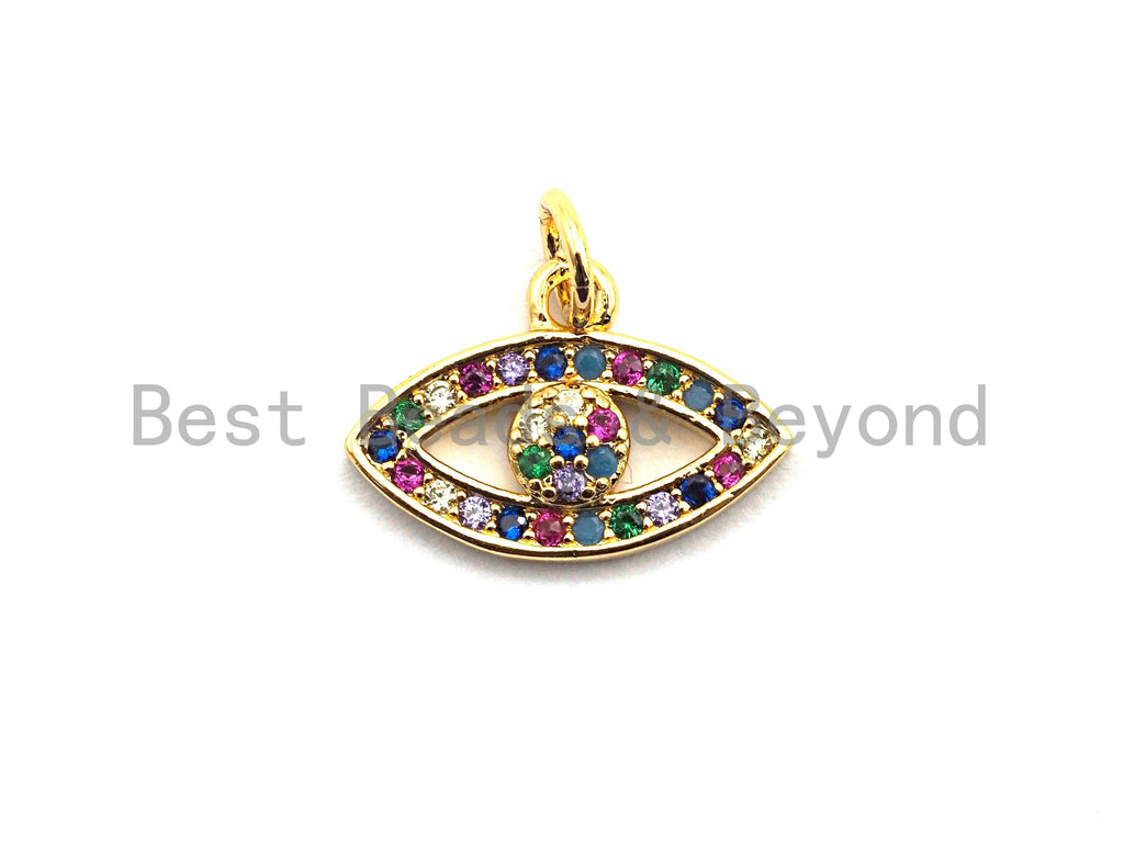 CZ Colorful Micro Pave Evil Eye Pendant, Lucky Eye Shaped Pave Pendant, Gold plated Protection Eye charm, 11x16mm, Sku#F834