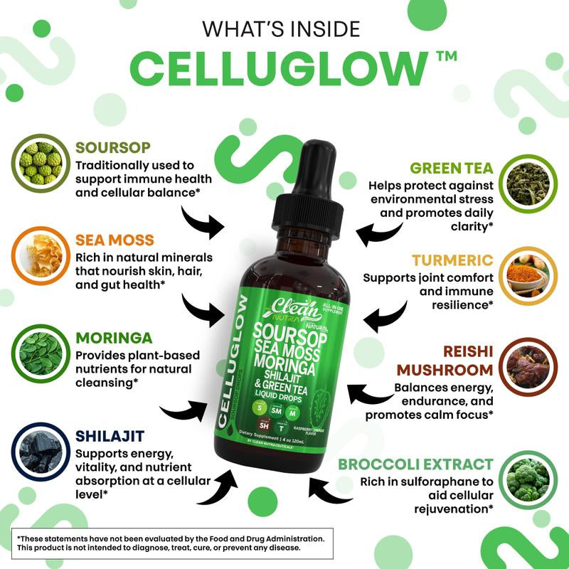 Clean Nutra Soursop, Sea Moss, Moringa, Shilajit and Green Tea for Cellular Health & Radiance Support - Celluglow