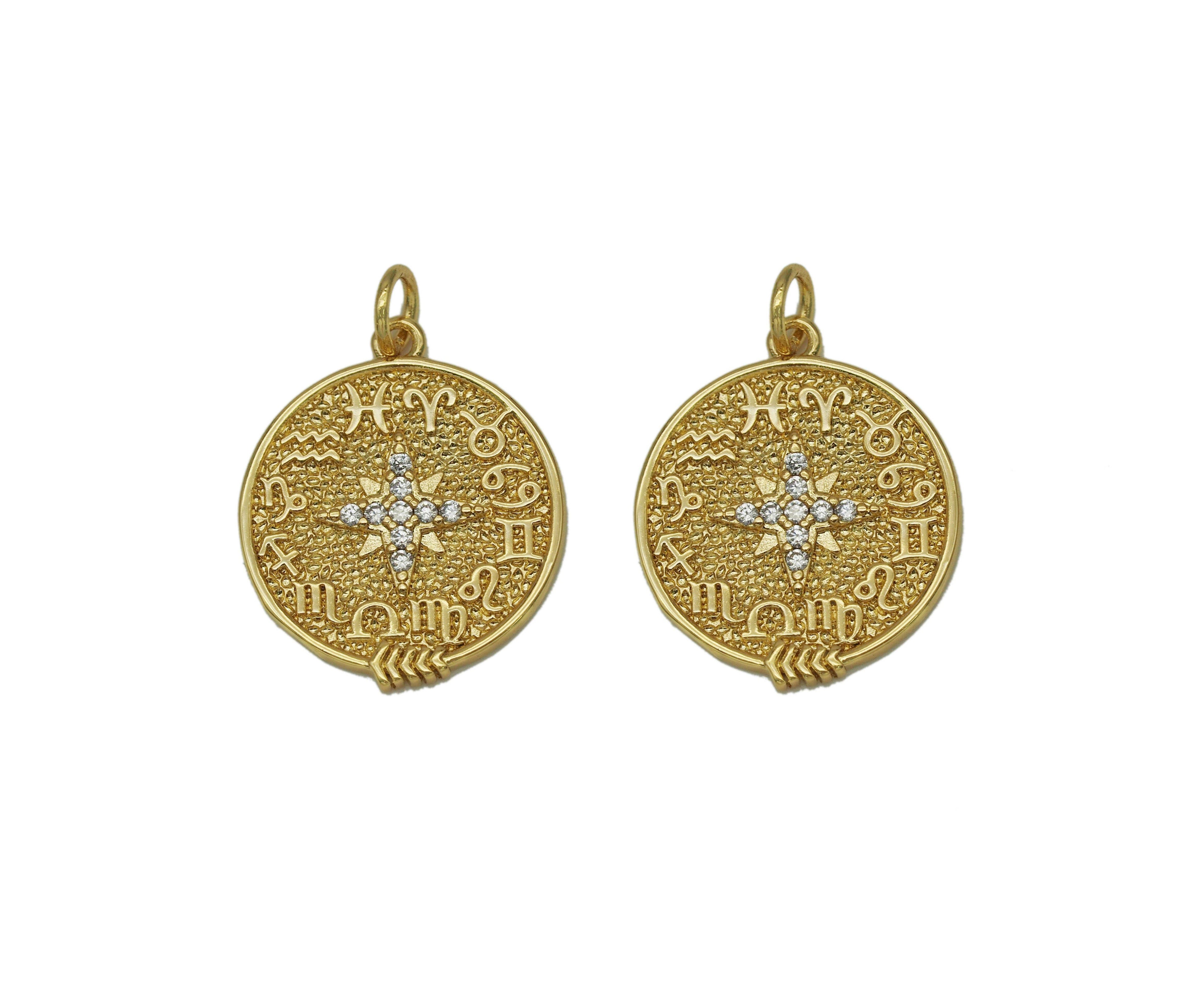 CZ North Star On Round Coin Charm, Sku#F1480