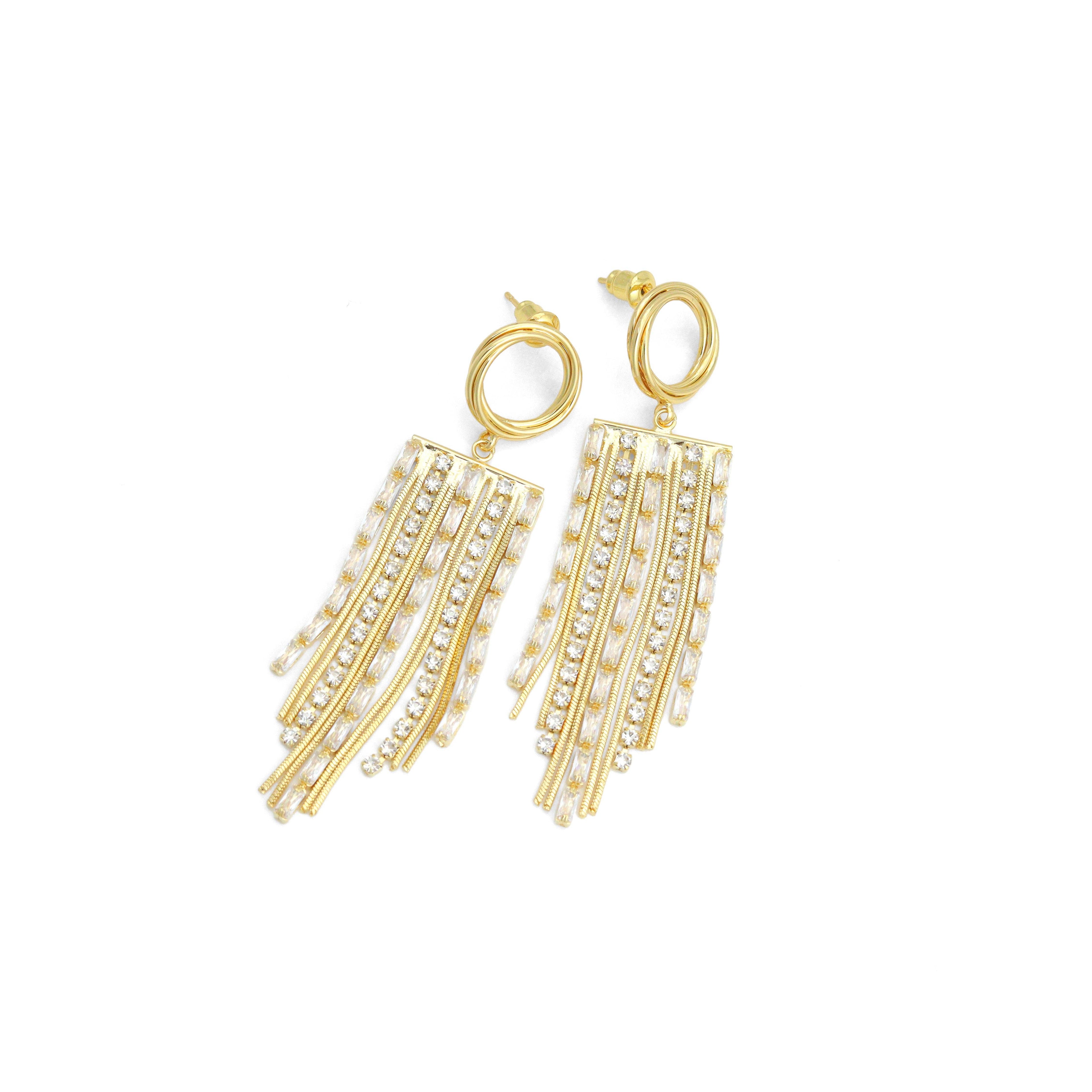 Clear CZ Gold Silver Tassels Statement Earrings, Sku#O130