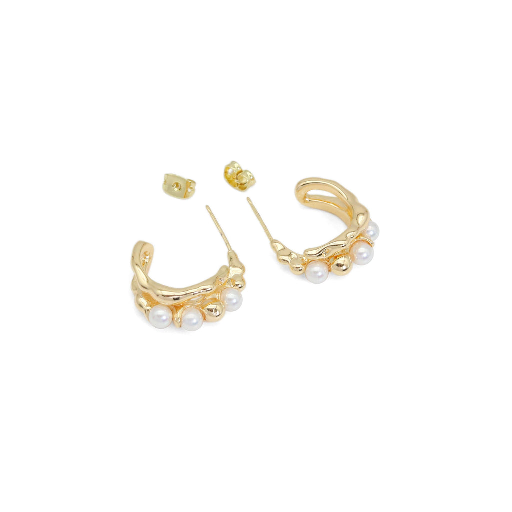 Hammered Gold White Pearl Hoop Earrings, Sku#ZX203