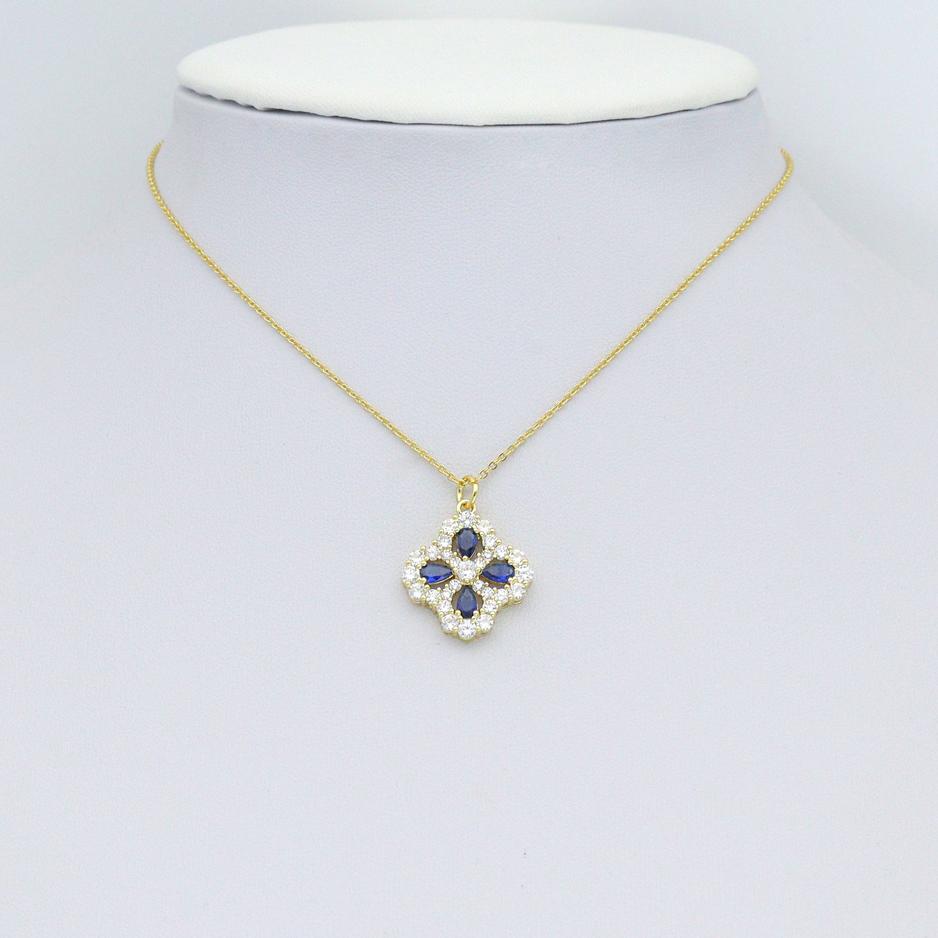 Baguette CZ Heart blue stone flower Charm Pendant,Sku#A496
