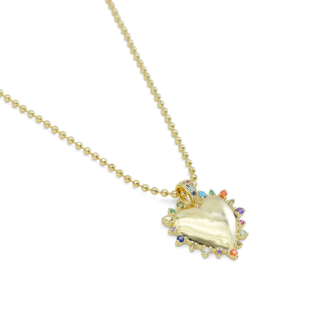 Gold Ball Chain Multicolor CZ Heart Pendant Necklace, Sku#EF