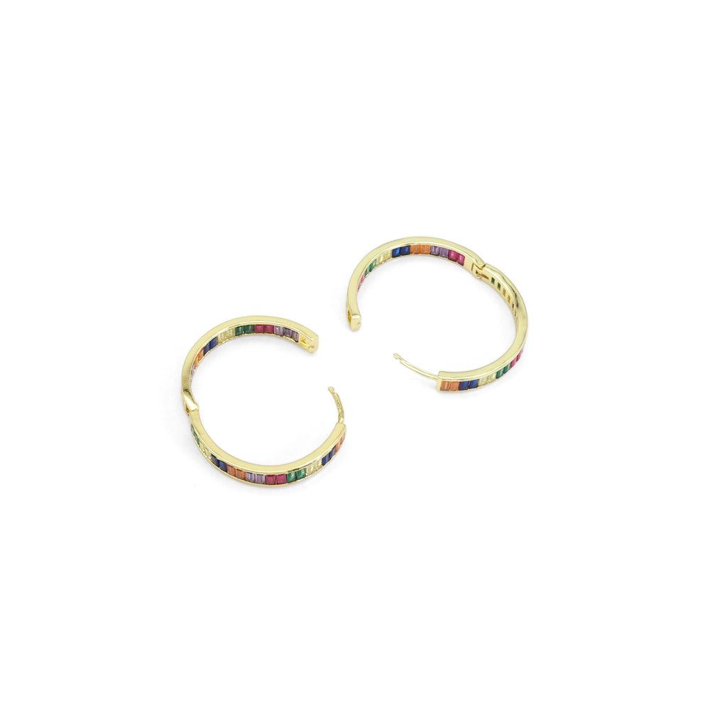 Colorful Baguette CZ Hoop Earrings, Sku#LD470c