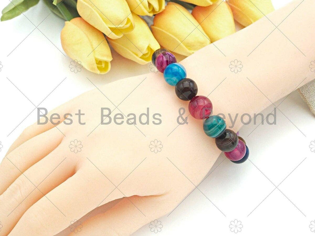 High Quality Natural Colorful Banded Agate Stretchy Bracelet, 8mm/10mm/12mm Elastic Fit Round Smooth Bracelet, 7.5'' Bracelet, Sku#EF11