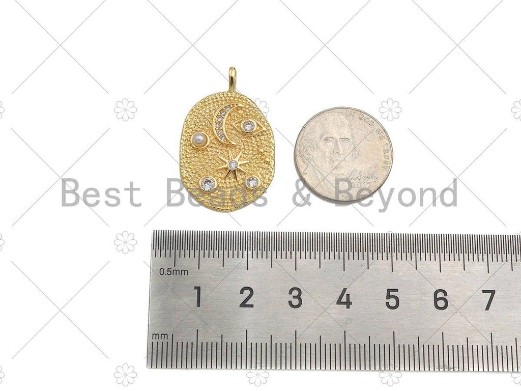 CZ Micro Pave Moon Star Evil Eye Star On oval Shape Pendant/Charm,CZ 14K Dainty Gold Charm, Necklace Bracelet Charm Pendant,21x32mm,Sku#CP19