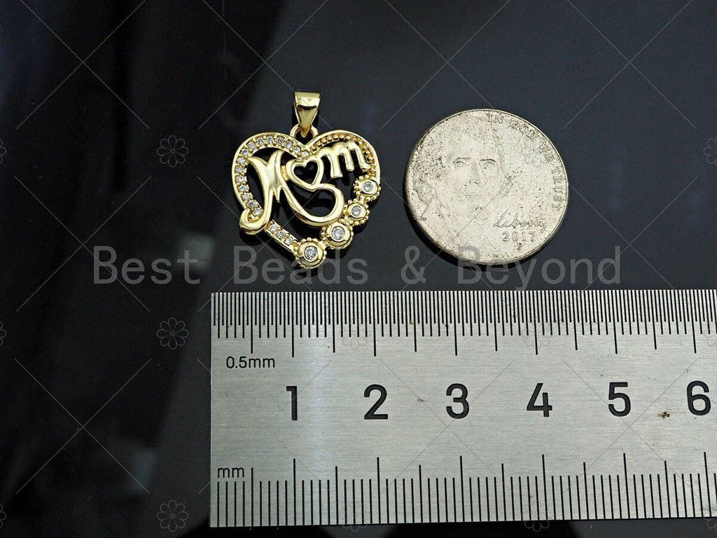 Gold Filled CZ Micro Pave Mom On Heart Shape Pendant, 18K Gold Filled Charm, Mother's Day Gift, Necklace Bracelet Pendant,19x20mm,Sku#LD118