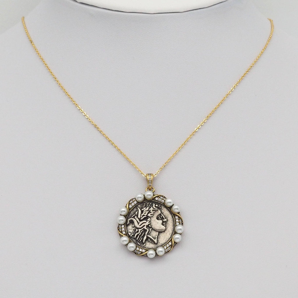 Double-Sided Antique Ancient Greek coin with White Pearl Charm, Sku#Y885