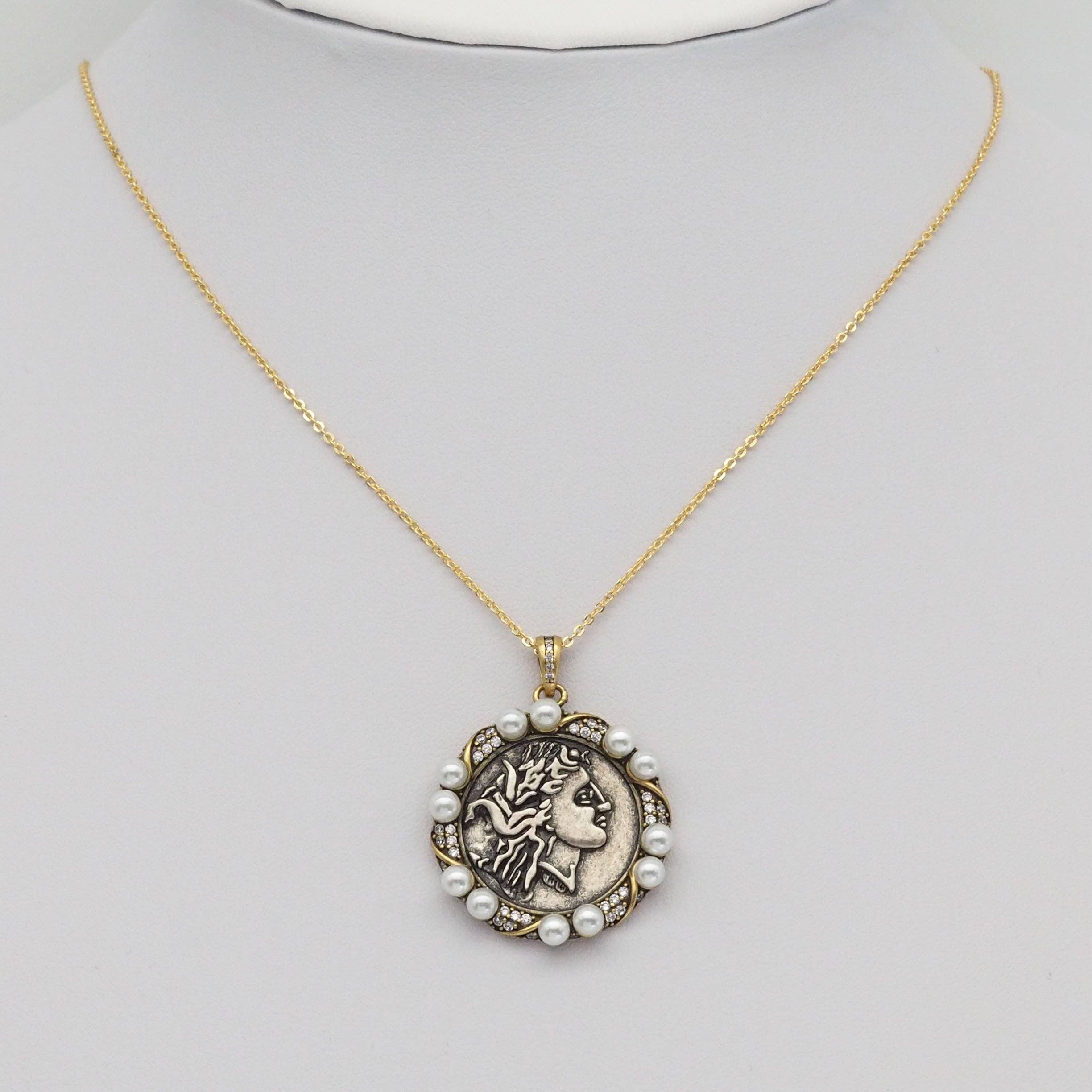 Double-Sided Antique Ancient Greek coin with White Pearl Charm, Sku#Y885