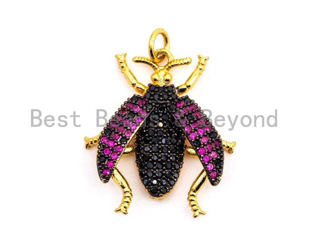 BEETLE Inspired Charm, CZ Micro Pave Fuchsia Insect Pendant, Cubic Zirconia Pendant,Gold/Rose Gold/Silver/Black,23x25x6mm,SKU#F455