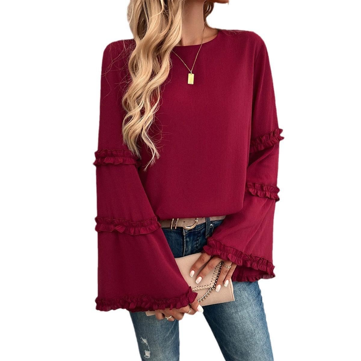 Chemisier élégant à manches trompettes pour femme - Blouse à volants tendance pour femmes stylées