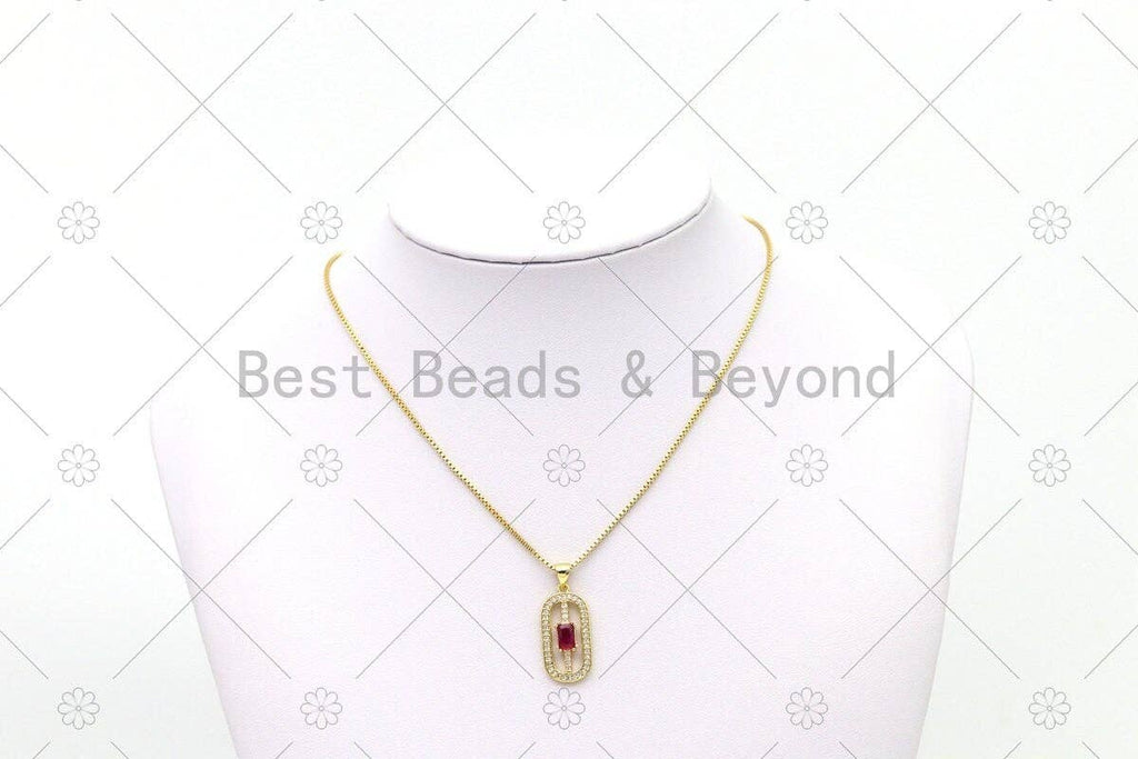 Colorful Big Rectangle CZ on Micro Pave Oval Shape Pendant, 18K Gold Filled CZ Charm, Necklace Bracelet Charm Pendant, 24x12mm,Sku#LK497