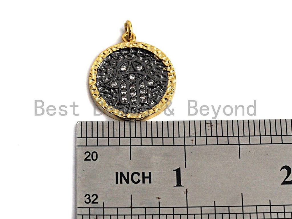 CZ Micro Pave Round Hamsa Hand on Disc Pendant/Charm, Gold-rimmed Black Cubic Zirconia Pendant, Gold Tone,21x24mm,Sku#Z461