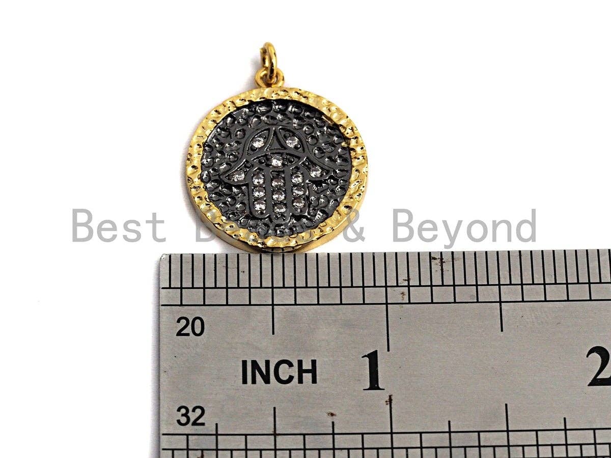 CZ Micro Pave Round Hamsa Hand on Disc Pendant/Charm, Gold-rimmed Black Cubic Zirconia Pendant, Gold Tone,21x24mm,Sku#Z461