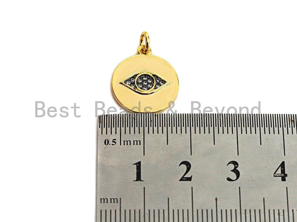 Dual Color CZ Micro Pave Evil Eye on Disc Pendant/Charm,Evil Eye Cubic Zirconia Pendant, Gold Tone,14x17mm,Sku#Z441