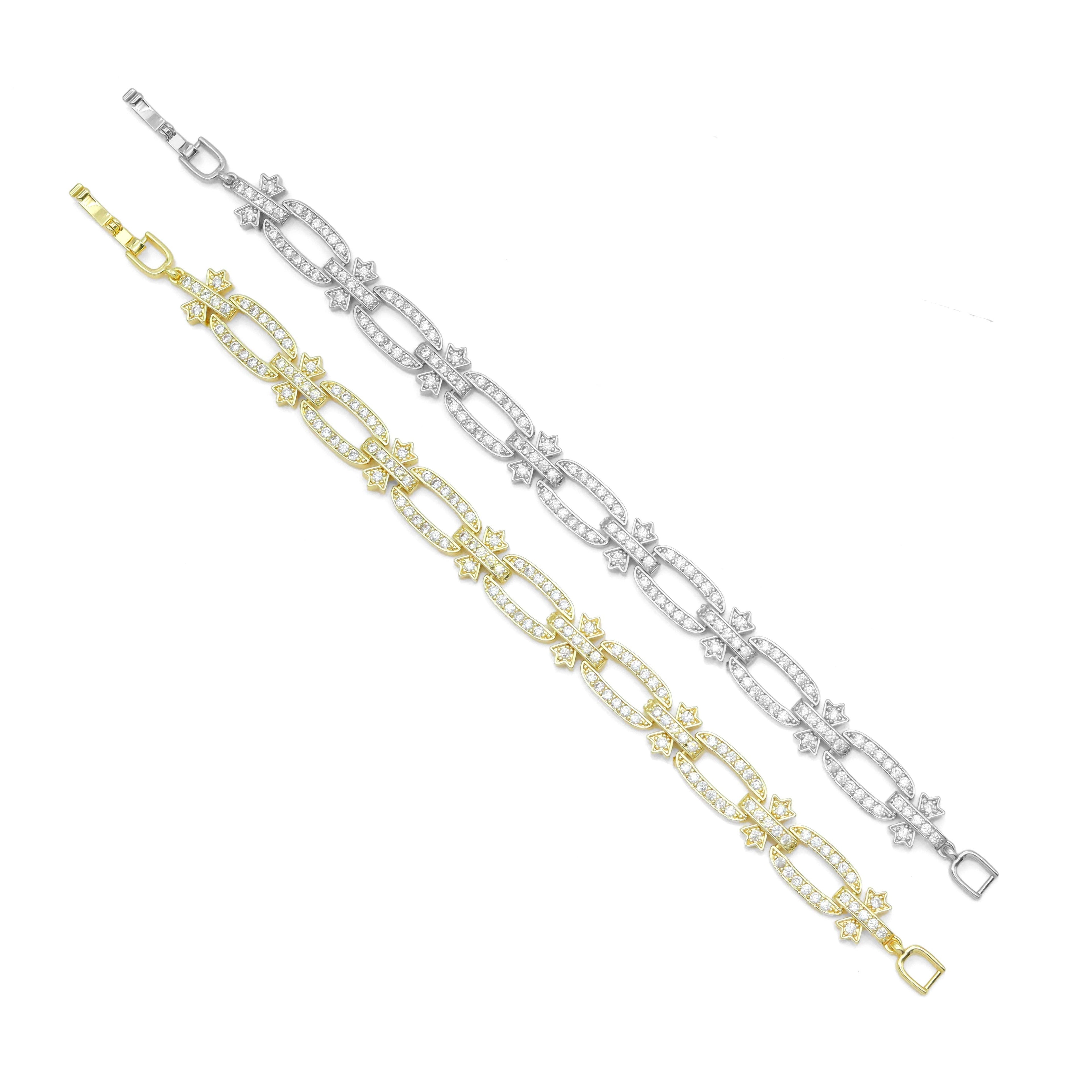 CZ Oval Flower Rectangle Link Gold Silver Bracelet, Sku#A347