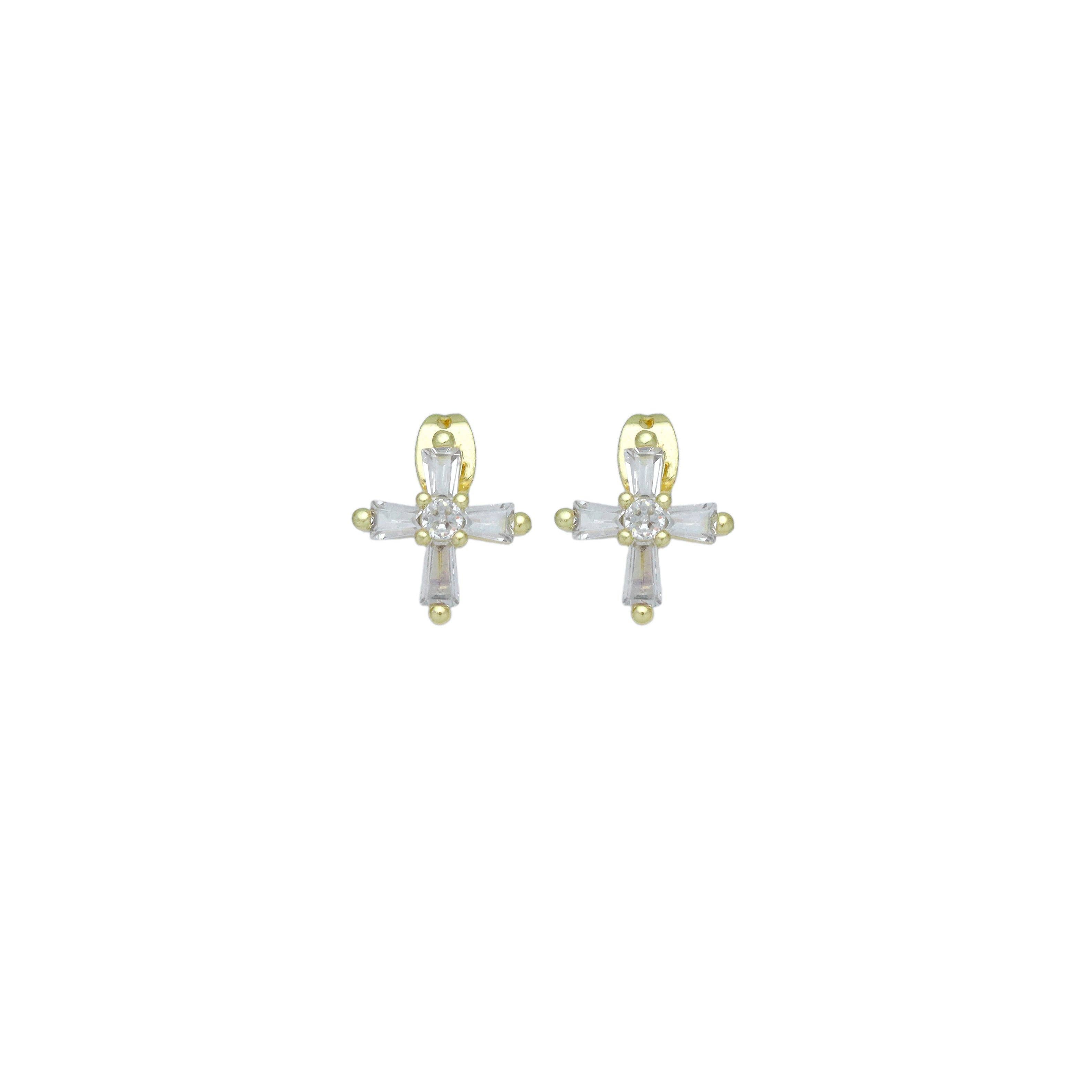 Baguette CZ Gold Cross Stud Earrings, Sku#LD656