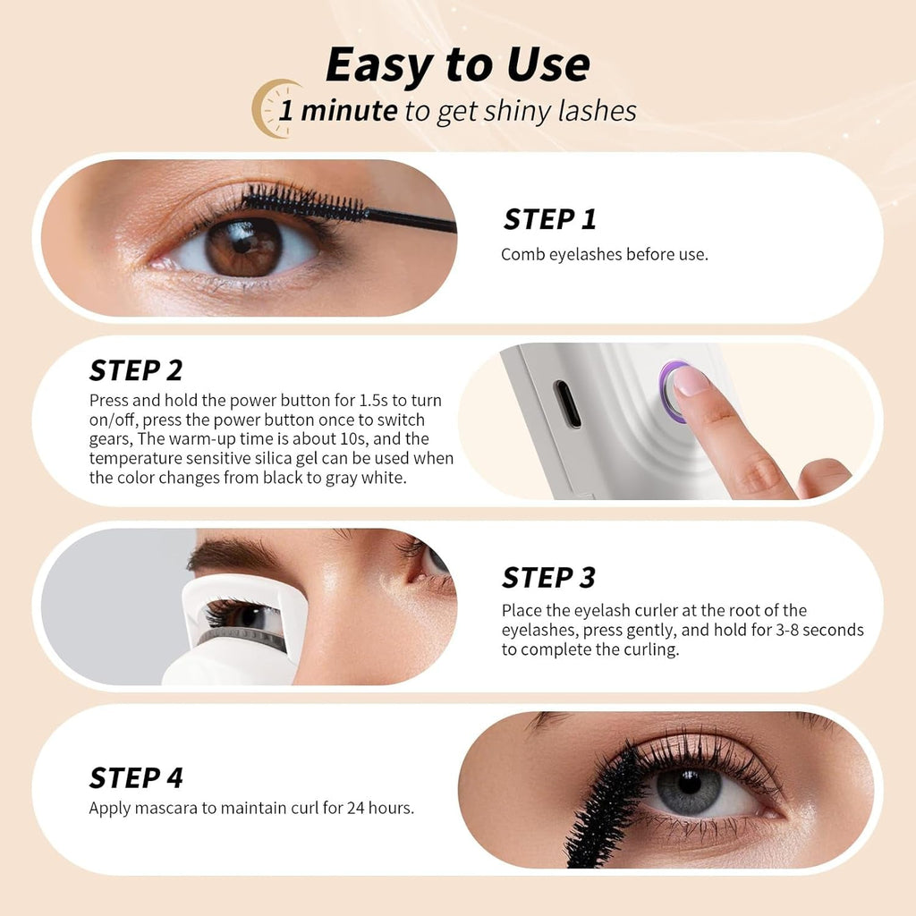 Docolor Heated Eyelash Curler Fast Heat up within 10S, 24 Hours Long Lasting Electric Eyelash Curler 3 Temperature Modes with USB Rechargeable Safe Lash Curler Quick Natural Curling Eye Lashes