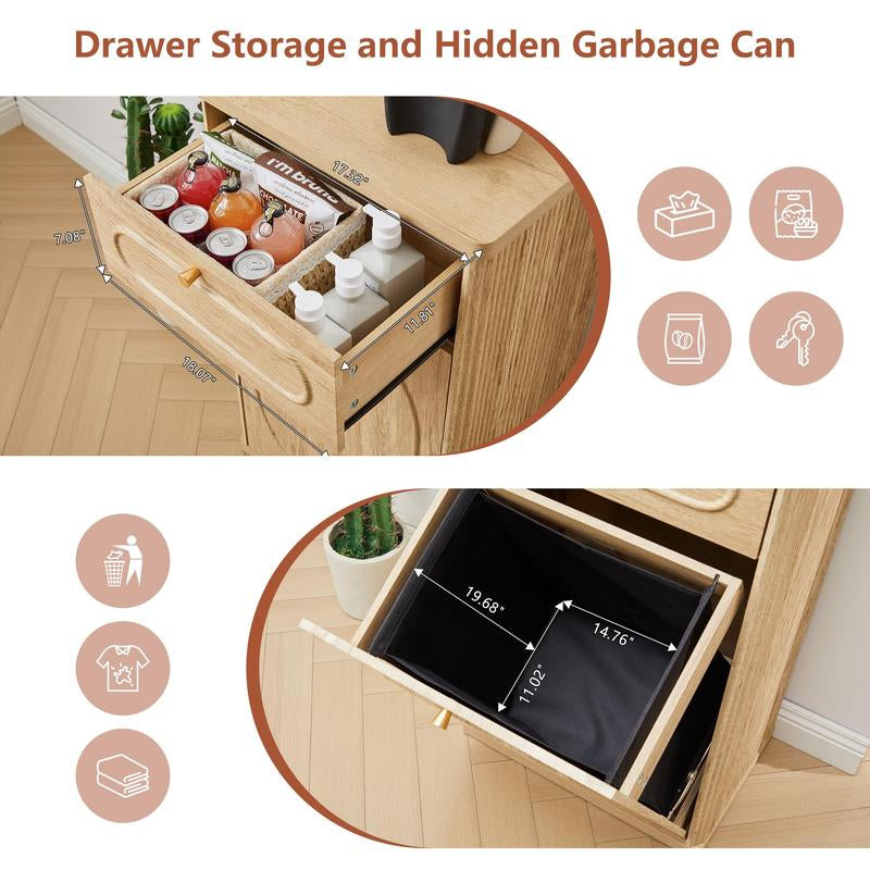 Giratree Tilt Out Trash Can Cabinet, Wood Kitchen Garbage Bin with Drawer, Fluted 10 Gallon Laundry Hamper Cabinet, Farmhouse Hidden Trash Can for Kitchen, Living Room