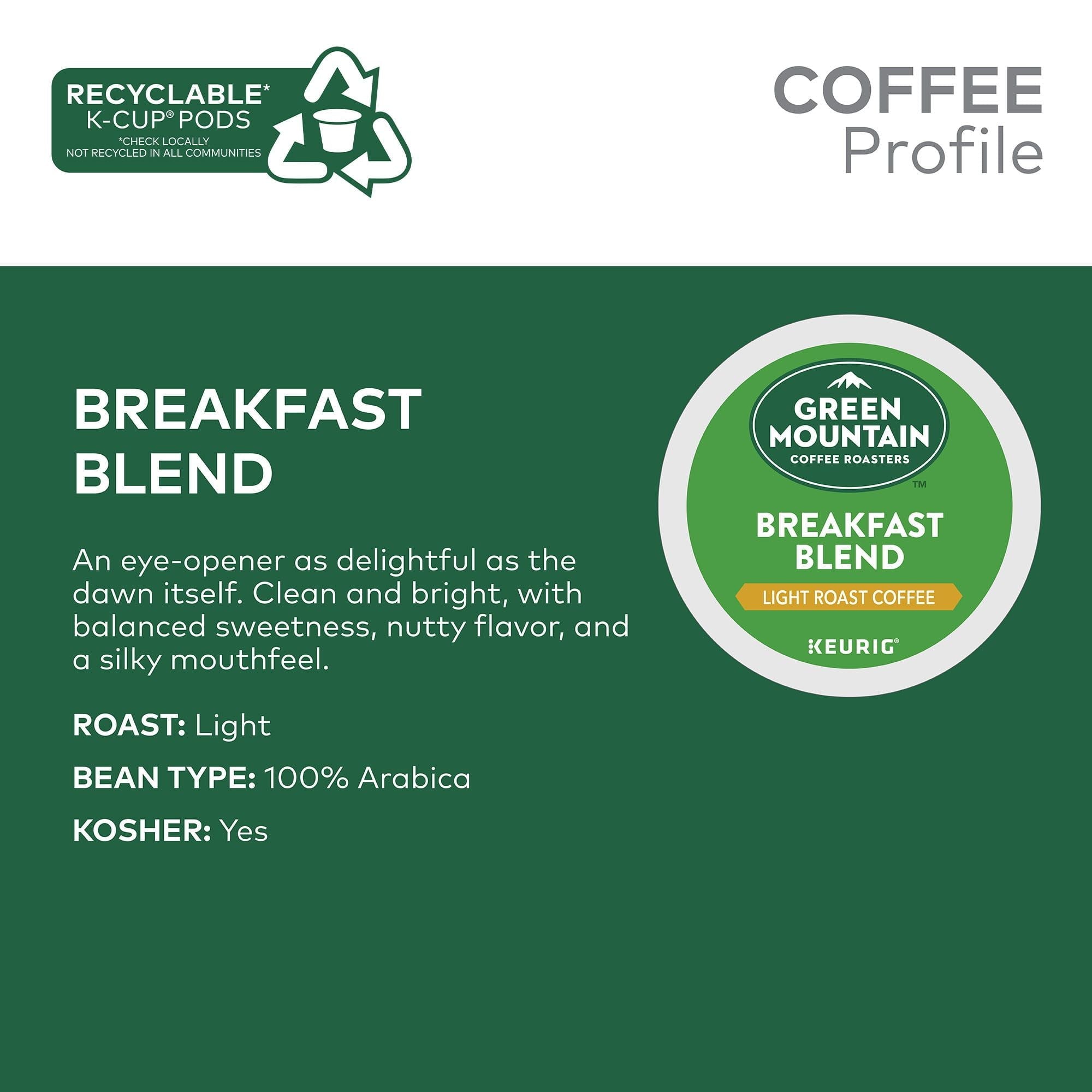 Green Mountain Coffee Roasters, Dosettes de café K-Cup Mélange petit-déjeuner, torréfaction légère, 48 unités