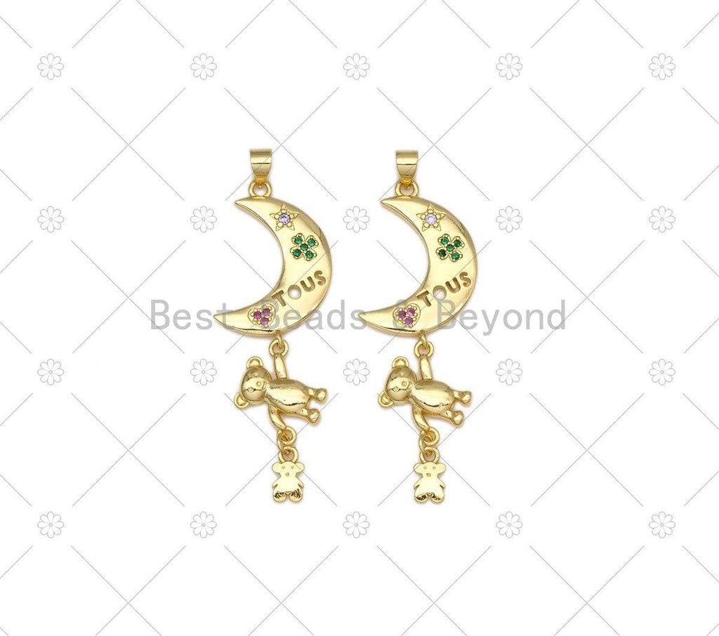 CZ Micro Pave Cresent Moon With Teddy Bear Shape Pendant,18K Gold Filled Moon Bear Charm, Necklace Bracelet Charm Pendant,16x51mm,Sku#LK477