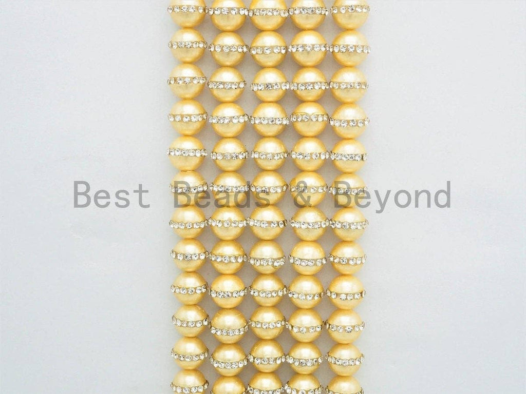 6mm/8mm/10mm/12mm Round Gold Pearl with rhinestone inlaid, Plated White Round Mother of Pearl Beads, 15.5inch Full strand,SKU#V31