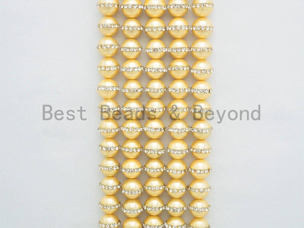 6mm/8mm/10mm/12mm Round Gold Pearl with rhinestone inlaid, Plated White Round Mother of Pearl Beads, 15.5inch Full strand,SKU#V31