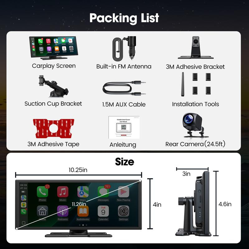 【Jumpstartsale】Lamtto 10.25-Inch Wireless Carplay Screen — Supports Tiktok, Netflix, and Youtube Apps, Split-Screen App Usage, Backup Camera Support, Navigation, and Voice Assistant. Compatible with Ios 10+ and Android 11+