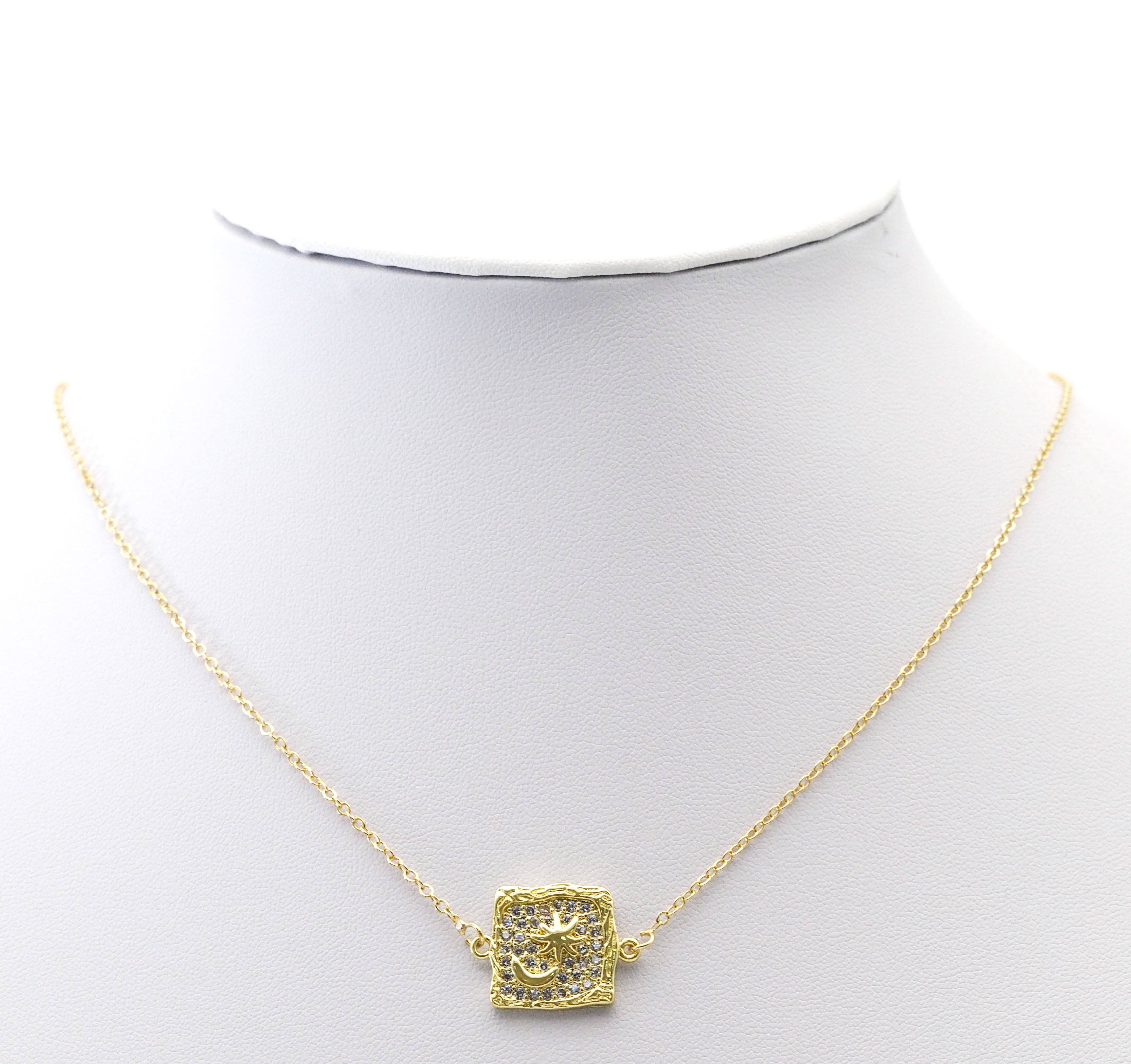 CZ Gold Star Cresent Moon Square Connector Charm, Sku#LK770