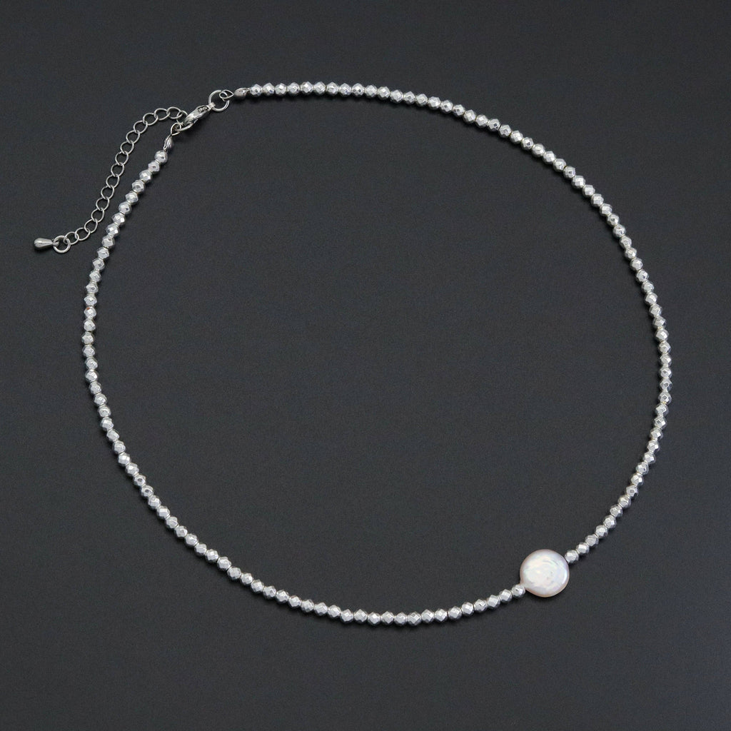 Gold Silver hematite with flat pearl necklace, sku#EF556