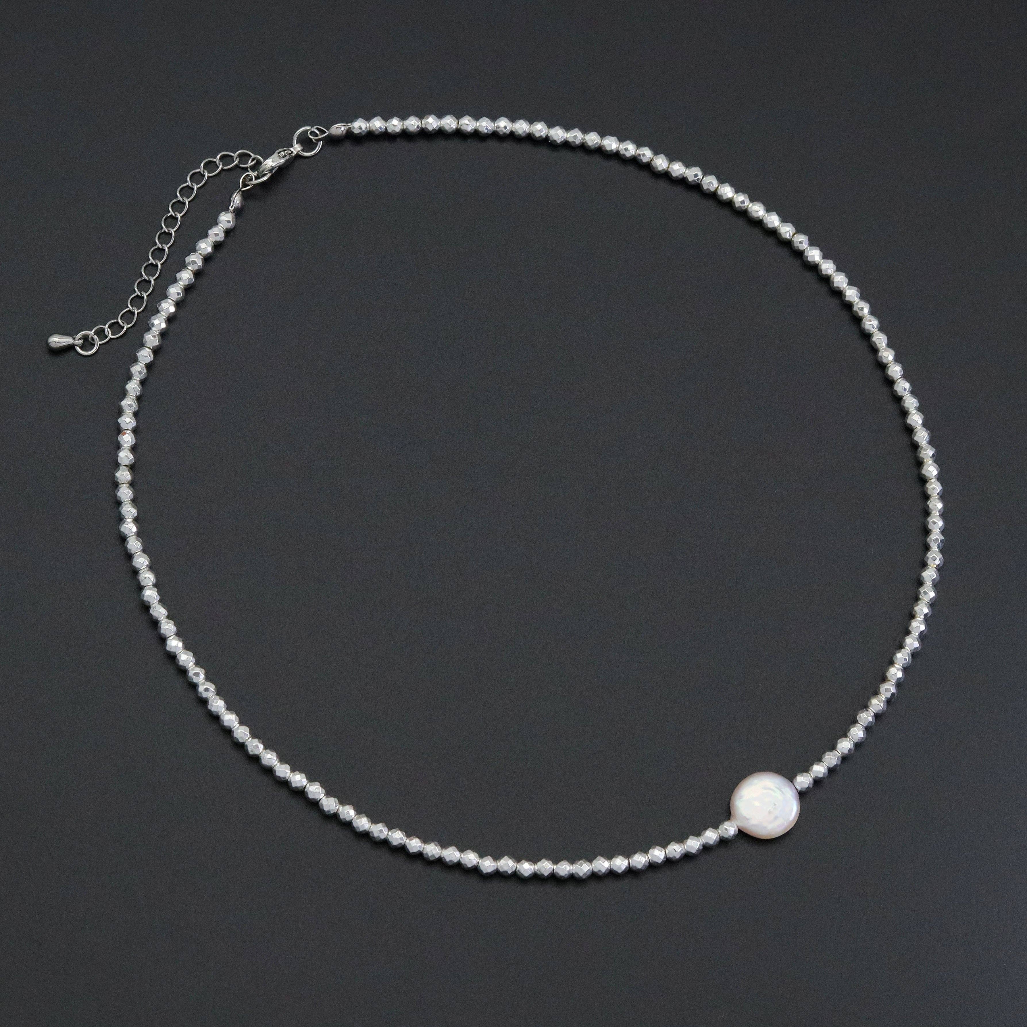 Gold Silver hematite with flat pearl necklace, sku#EF556