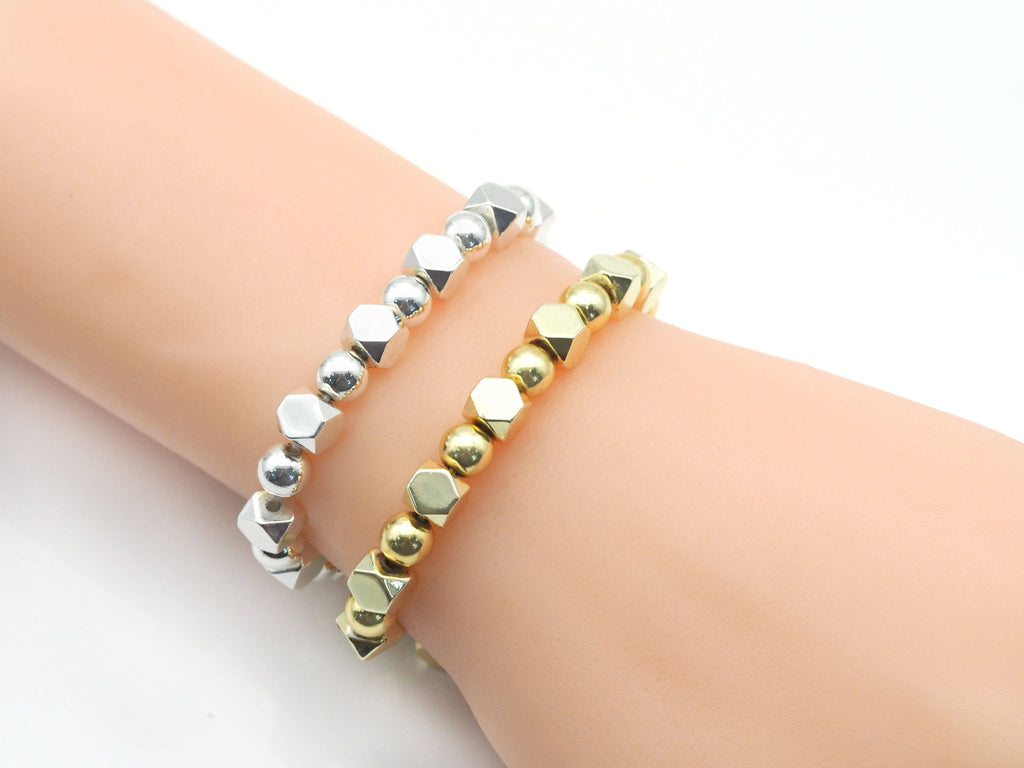 Gold Silver Mixed Round Cube Hematite Bracelet, sku#EF223