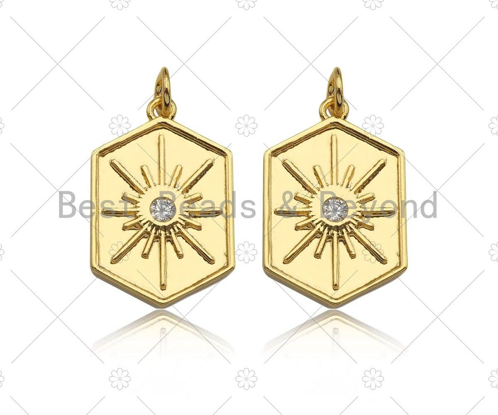 CZ Micro Pave Radial Star On Hexagon Shape Pendant, 18K Gold Medallion Charm, Necklace Bracelet Charm Pendant, 23x15mm,Sku#Y435