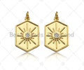 CZ Micro Pave Radial Star On Hexagon Shape Pendant, 18K Gold Medallion Charm, Necklace Bracelet Charm Pendant, 23x15mm,Sku#Y435