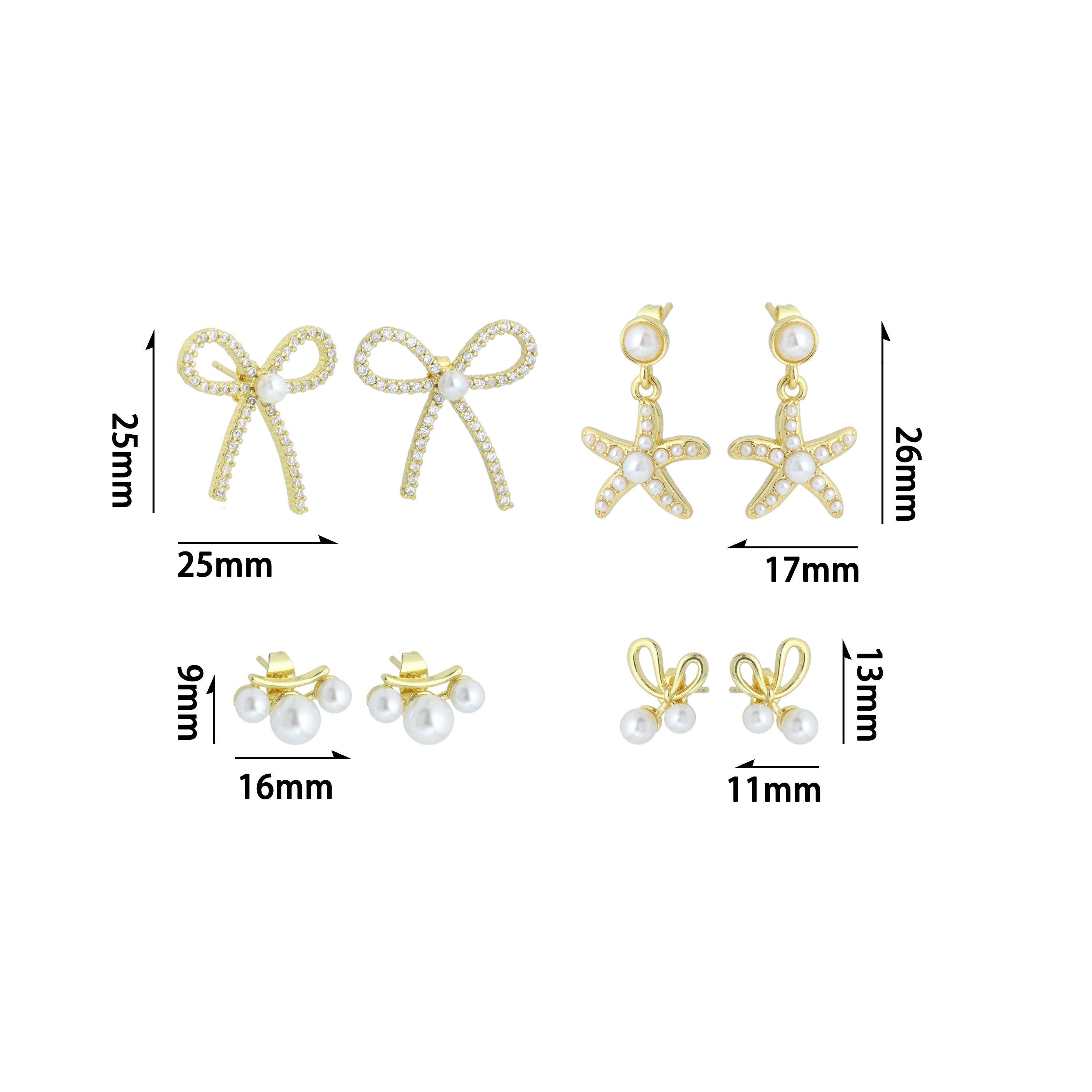 White Pearl Gold Bowknot Star Fish Stud Earring,Sku#LD747