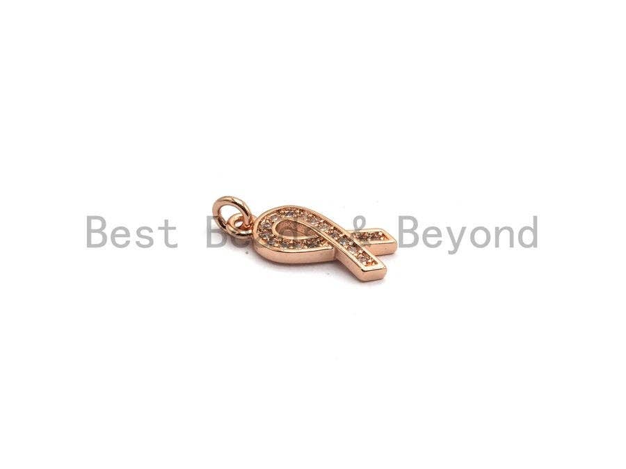 CZ Micro Pave Awareness Ribbon Charm ,Gold/Silver/Black/Rose Gold,Cubic Zirconia Jewelry Findings, Cancer Fighting Charm, 6x16mm,sku#F650
