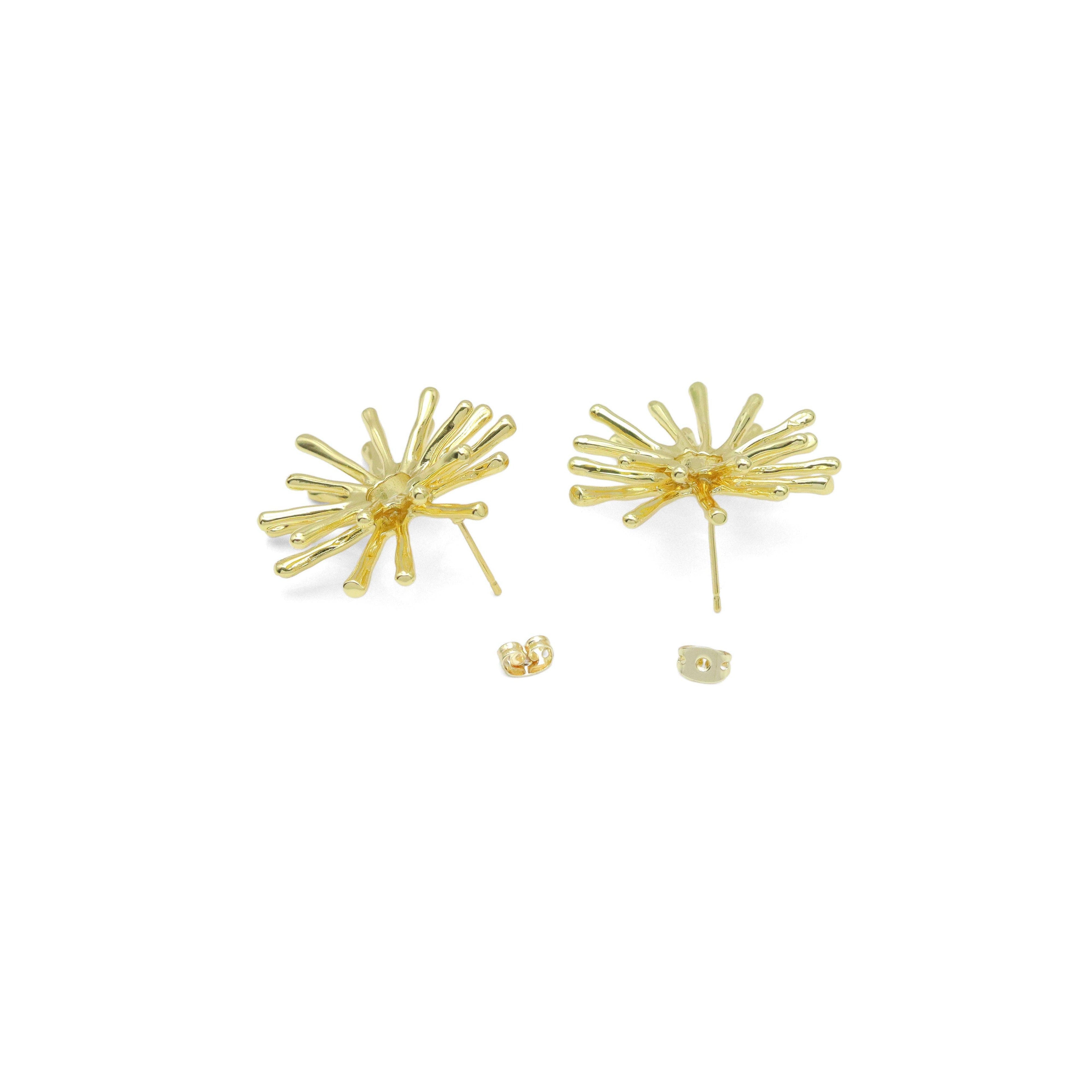 Gold Dandelion Flower Sunburst Stud Earrings, Sku#LX725
