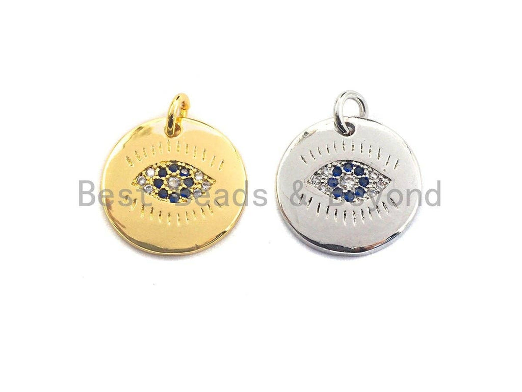 Cobalt CZ Micro Pave Round Evil Eye on Disc Pendant/Charm, Sku#Z417