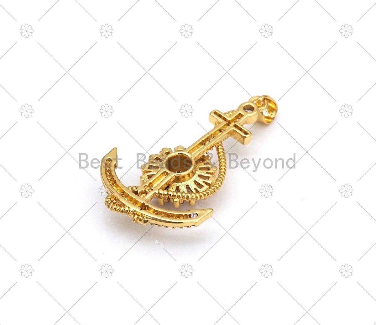 CZ Micro Pave Boat Anchor Shape Pendant, 18K Gold Filled Big Pink CZ Flower Charm, Necklace Bracelet Charm Pendant,22x36mm, Sku#LK472